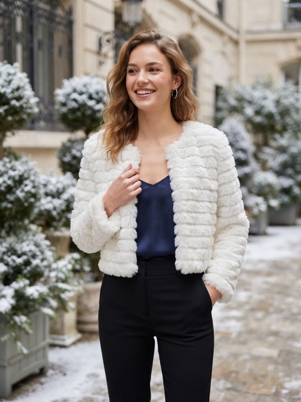 BCBGMaxAzria Cream Faux Fur Cropped Jacket